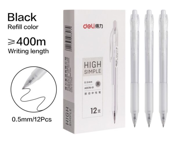 Ballpoint Pulpen Pen Gel Pena Cair Tekan DELI A 057B 0.5 mm Hitam Body Transparan Bening
