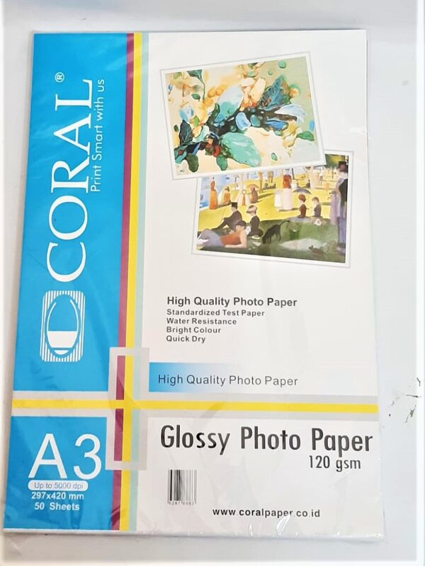 Kertas Foto Besar Kilap CORAL Glossy Photo Paper A3 120 Gr isi 50 lembar