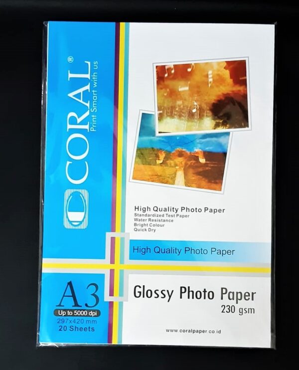Kertas Foto Kilap CORAL Glossy Photo Paper Besar A3 230 Gr isi 20 lembar