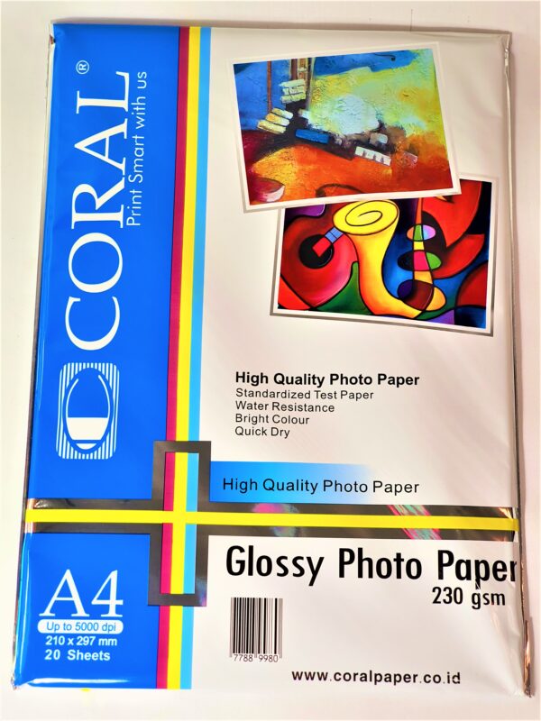 Kertas Foto Kilap CORAL Glossy Photo Paper A4 230 gr isi 20 lembar