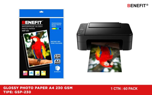 Kertas Foto Kilap Glossy Photo Paper BENEFIT A4 230 gsm isi 20 lembar
