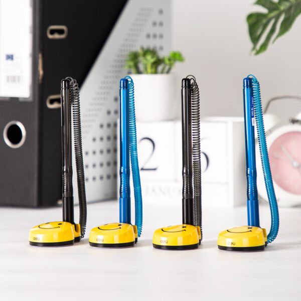 Pulpen Pen Meja Tempel Spiral DELI EQ-50 Pulpen Spiral Pen Stand Hitam Biru - Gambar 2